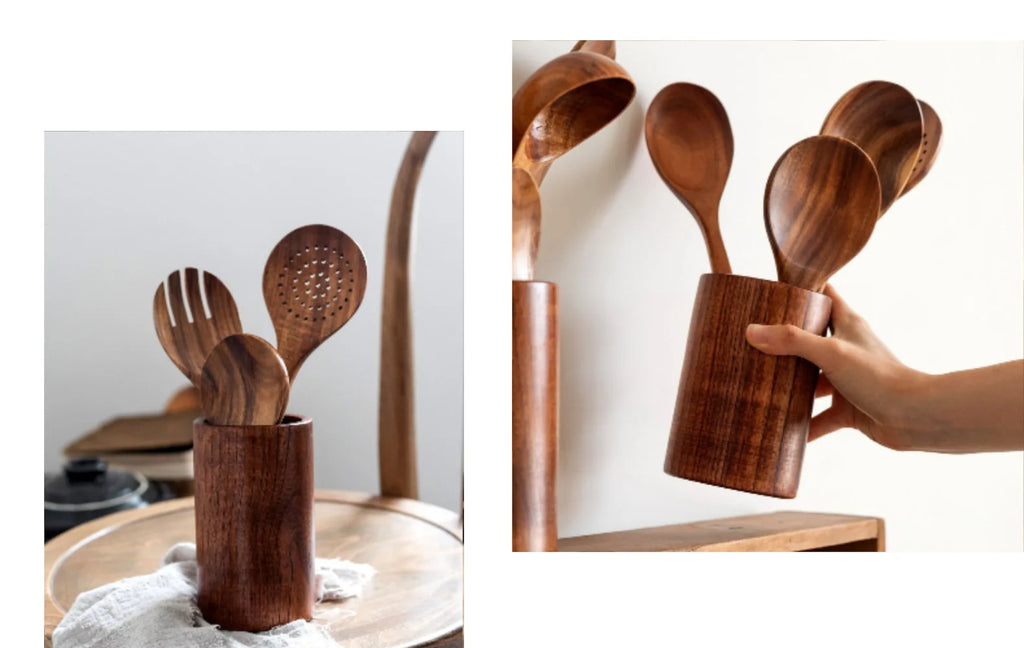 Wooden Kitchenware Cooking Shovels Spoon Colander Kitchen Utensils Set Household Cutlery Rack Teak Natural Wood Cookware