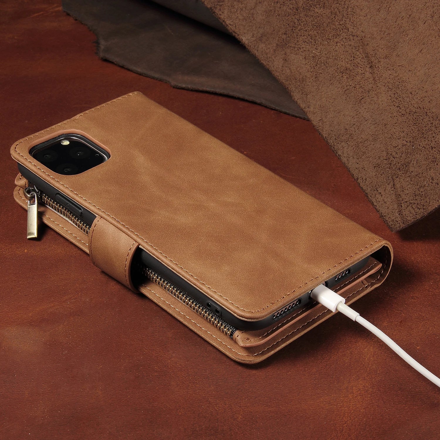 iPhone Leather Wallet Case – Magnetic Flip with Card Slots & Zipper