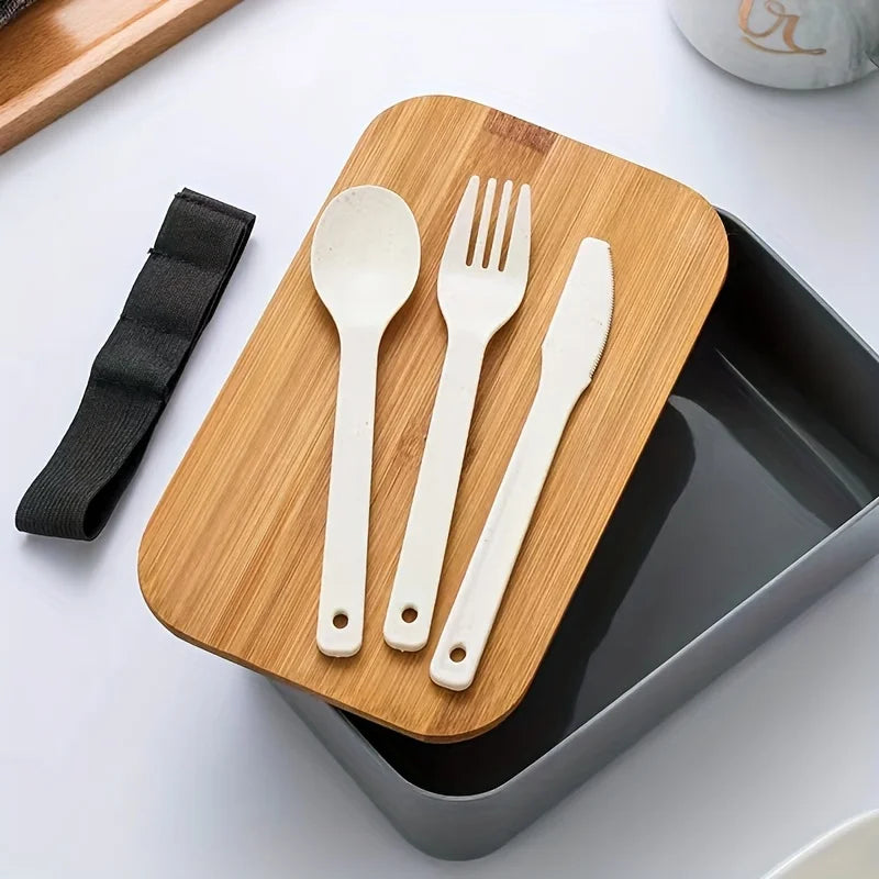 Bamboo Lid Lunch Box And A Set Of Knives, Forks And Spoons Sealed Lunch Box Salad Suitable For Work,School,Camping