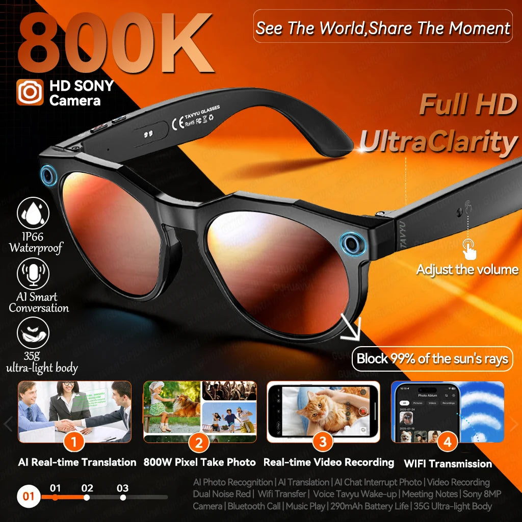 2026 New 4K HD AI Smart Glasses Men 800W Pixel Camera Bluetooth Call 4GB WIFI Transmission Voice Assistant Smart Glasses Women