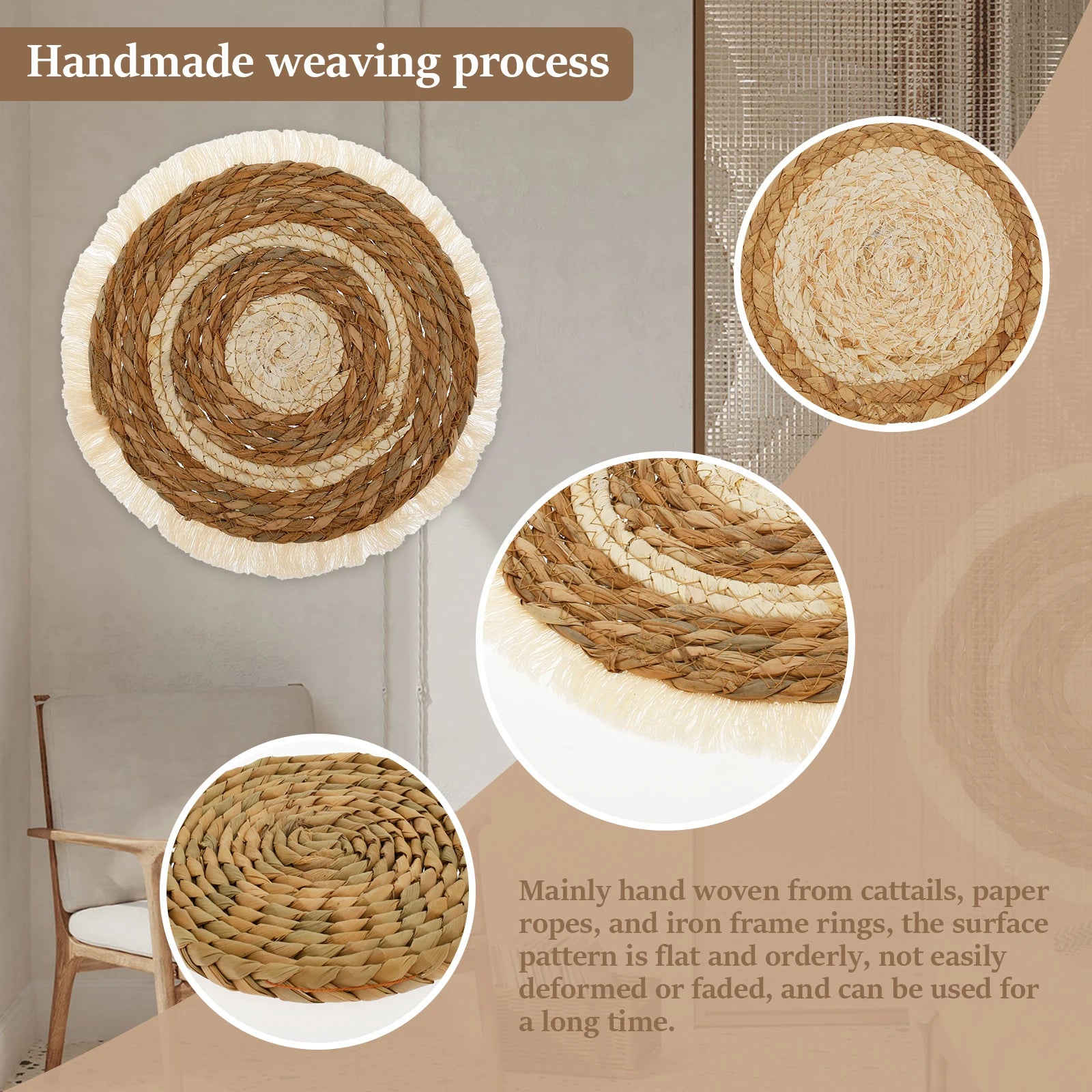 7PCS Boho Seagrass Wall Basket Decor – Handmade Farmhouse Wall Hanging