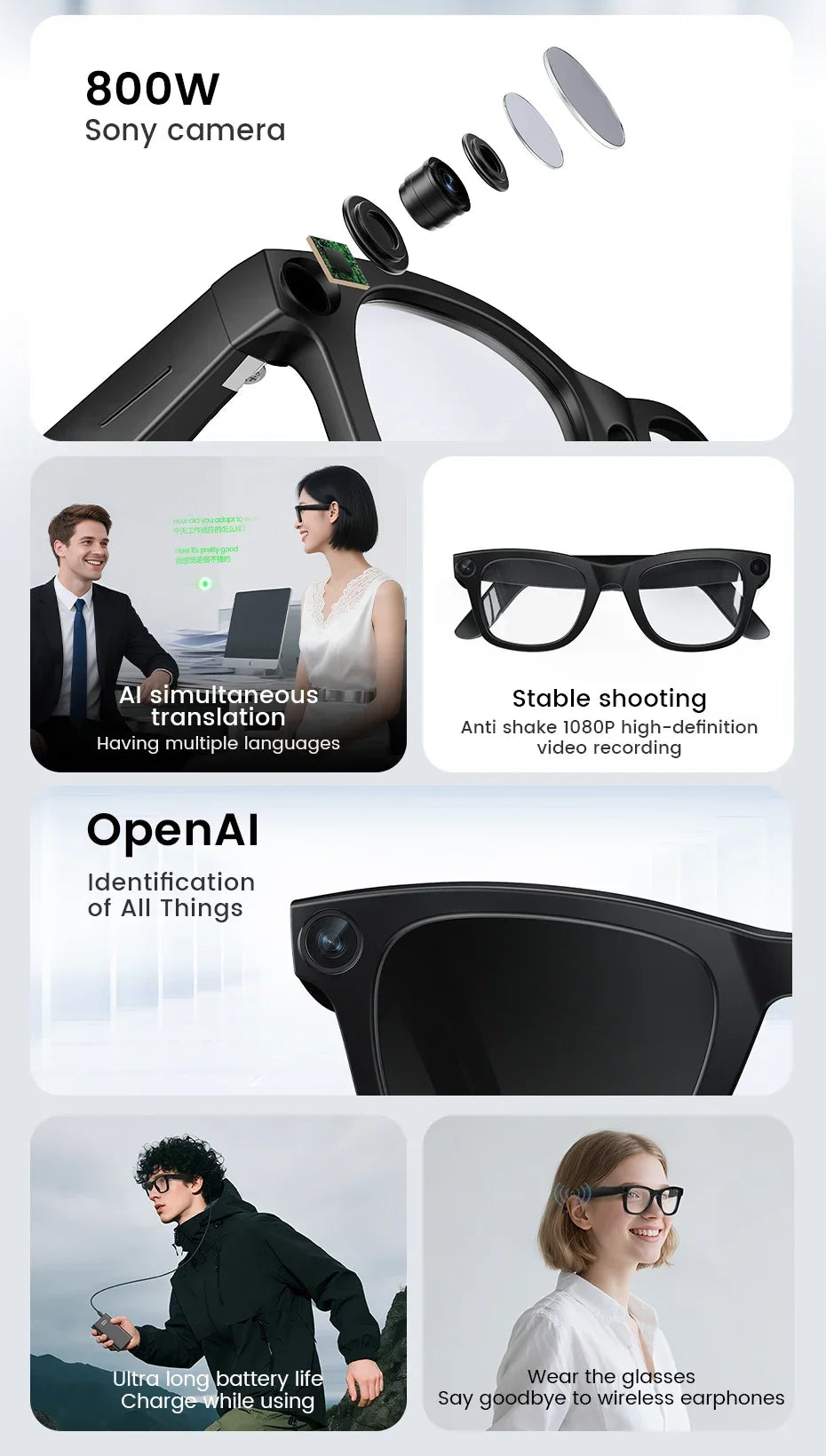 2026 Al Smart Glasses 4K HD Video 800MP Camera WiFi Transfer  Chat GPT VoiceAssistant BT Call with  Charging Case