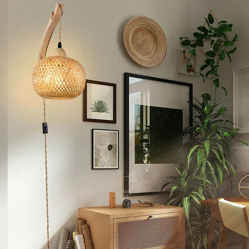Bamboo Rattan Wall Lamp – Hand Woven Natural Lantern Light Fixture