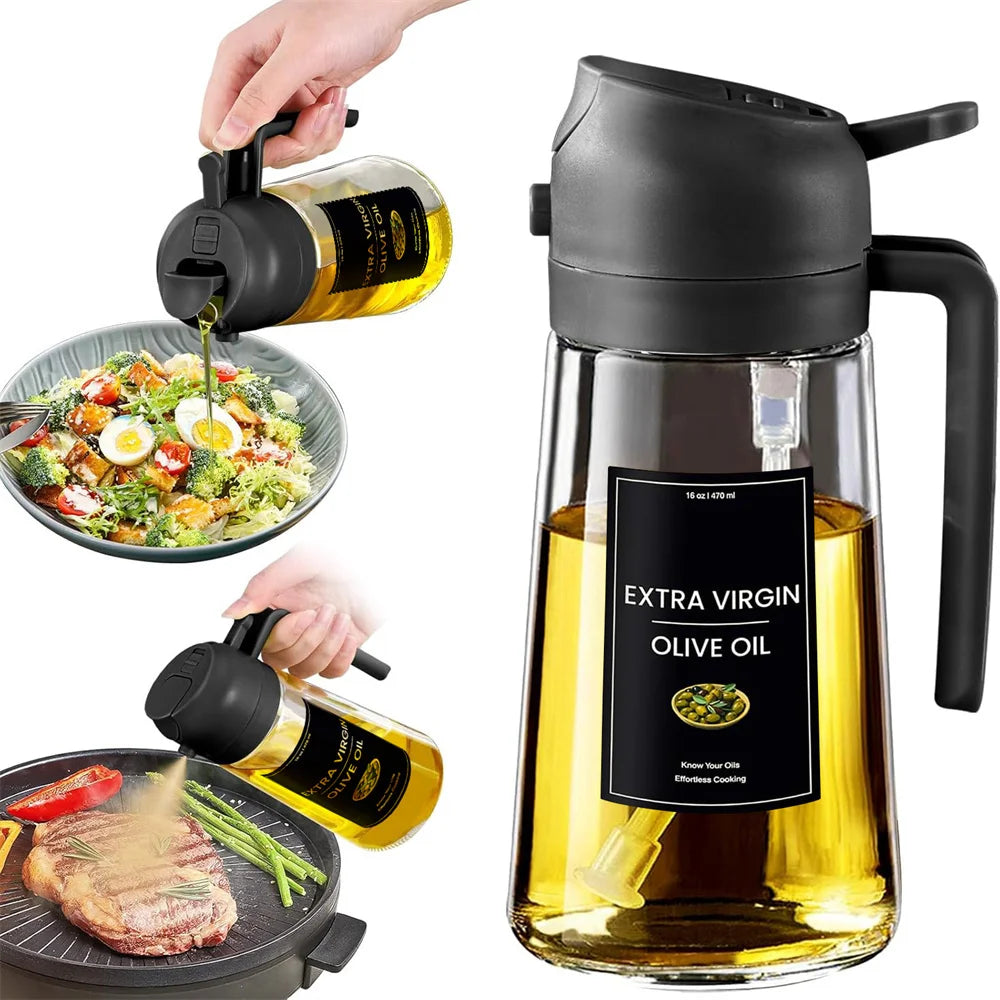 2 in 1 Oil Sprayer Bottle – 470ml Glass Olive Oil Dispenser