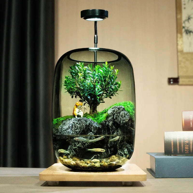 Mini Aquariums Indoor Glass Fish Tank Desktop Moss Micro-landscape Aquariums Modern Decoration Terrarium Fish Tanks with Lamp