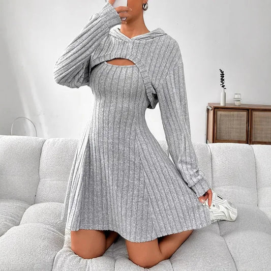 Women's Two-Piece Autumn Outfit – Long Sleeve Hooded Top & Sleeveless A-Line Dress