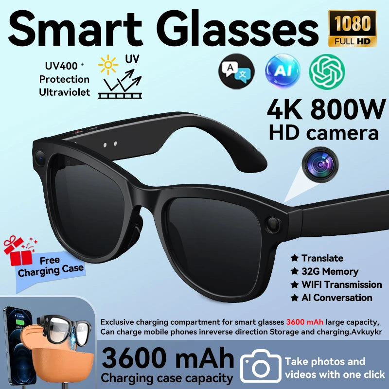 2026 New 800W 4K HD AI Smart Glasses Men Record Video 3600mAh Battery 120 Languages Translation Music Player Glasses With Camera