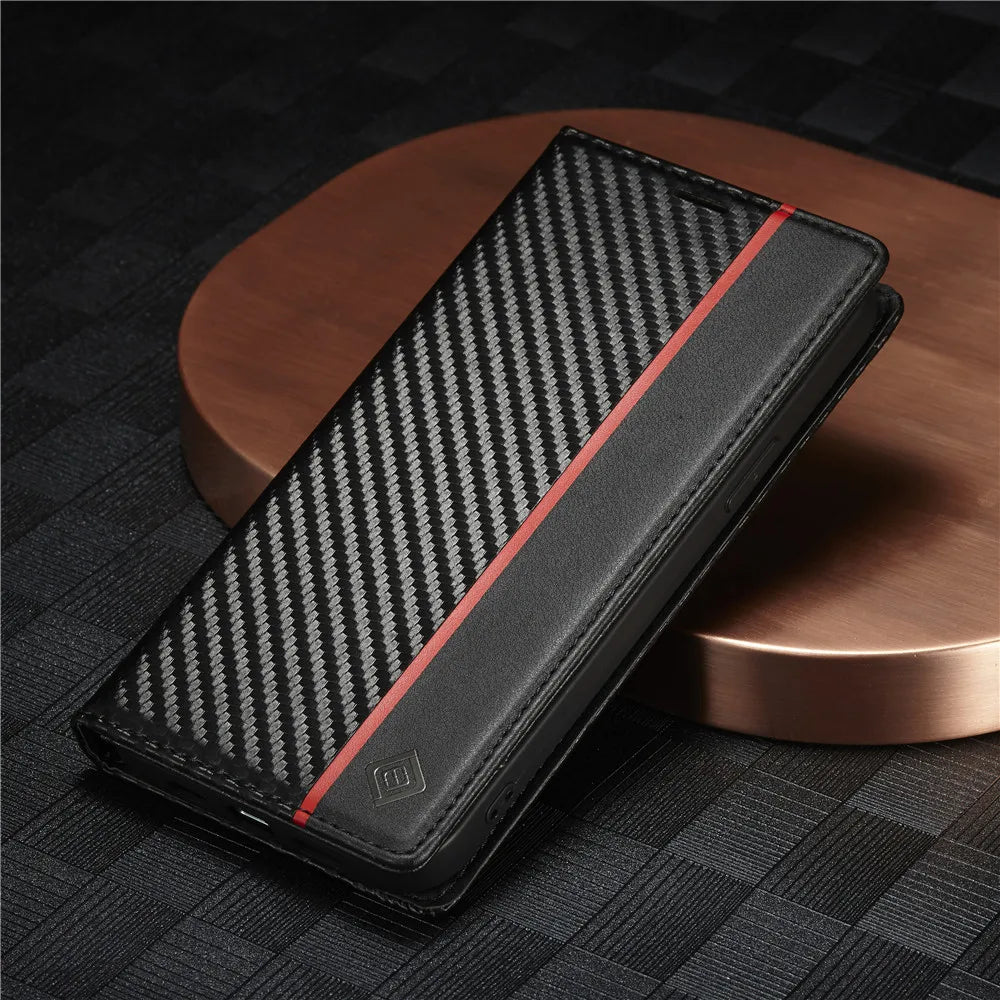 Carbon Fibre PU Leather Wallet Flip Case for iPhone with Card Slot & Magnetic Cover