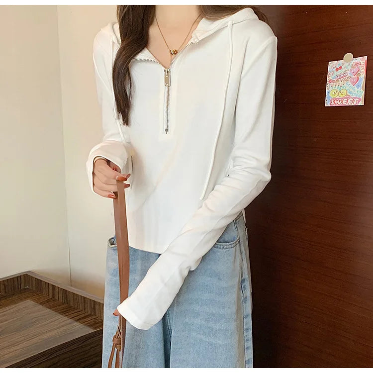 Sweatshirt Design Niche Spring Summer Short Zipper Top Slimming Thin Long-sleeved Hooded Fashion Women's Clothing