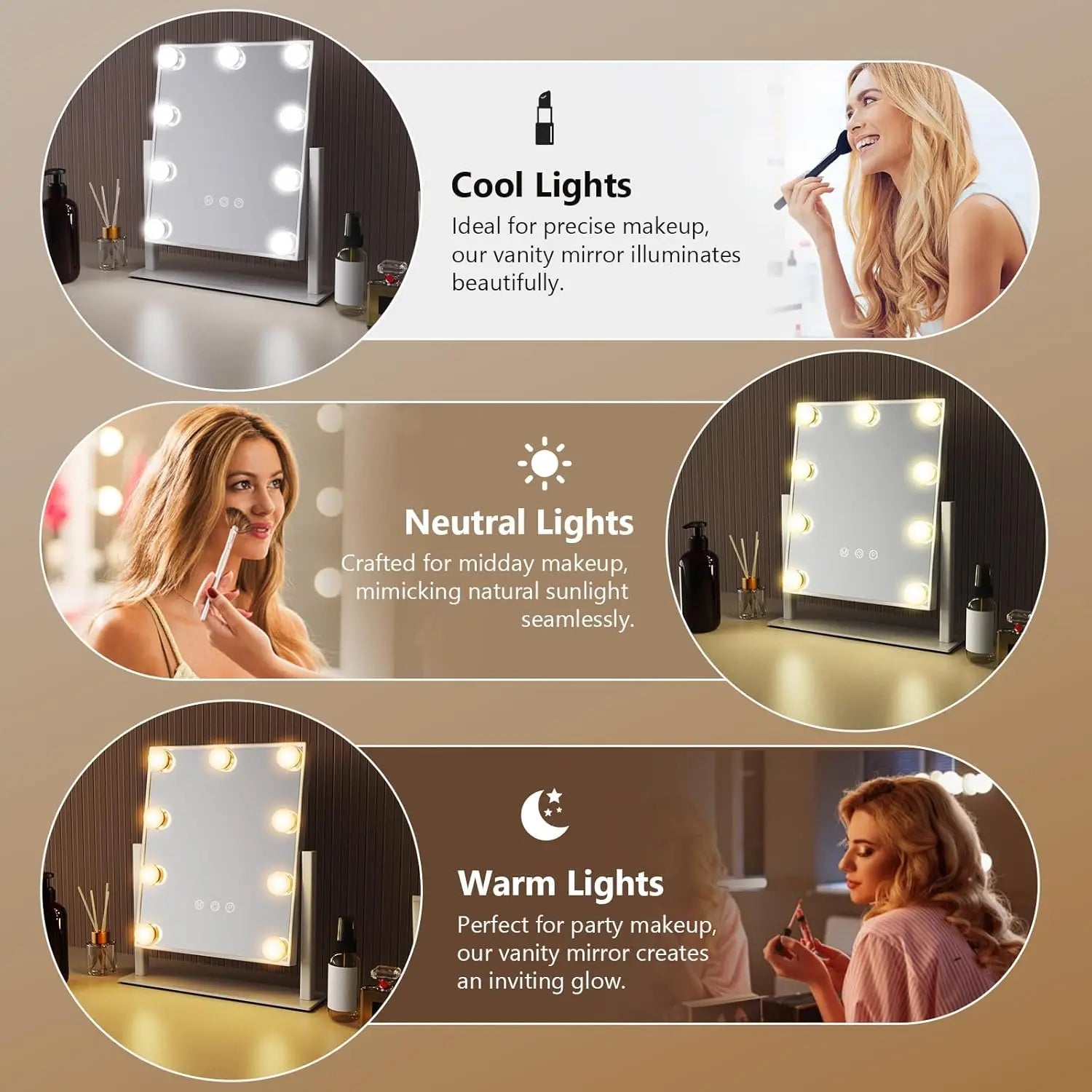 Vanity Mirror with Lights – Hollywood 9 LED Bulbs, 3 Colors & 360° Rotation