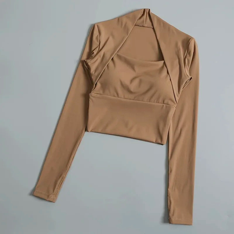 Fitness Chest Cushion Sports Top Women Long Sleeve Shirts Pra Speed Up Short Elegant Dance Yoga Clothes Small Waistband Gym