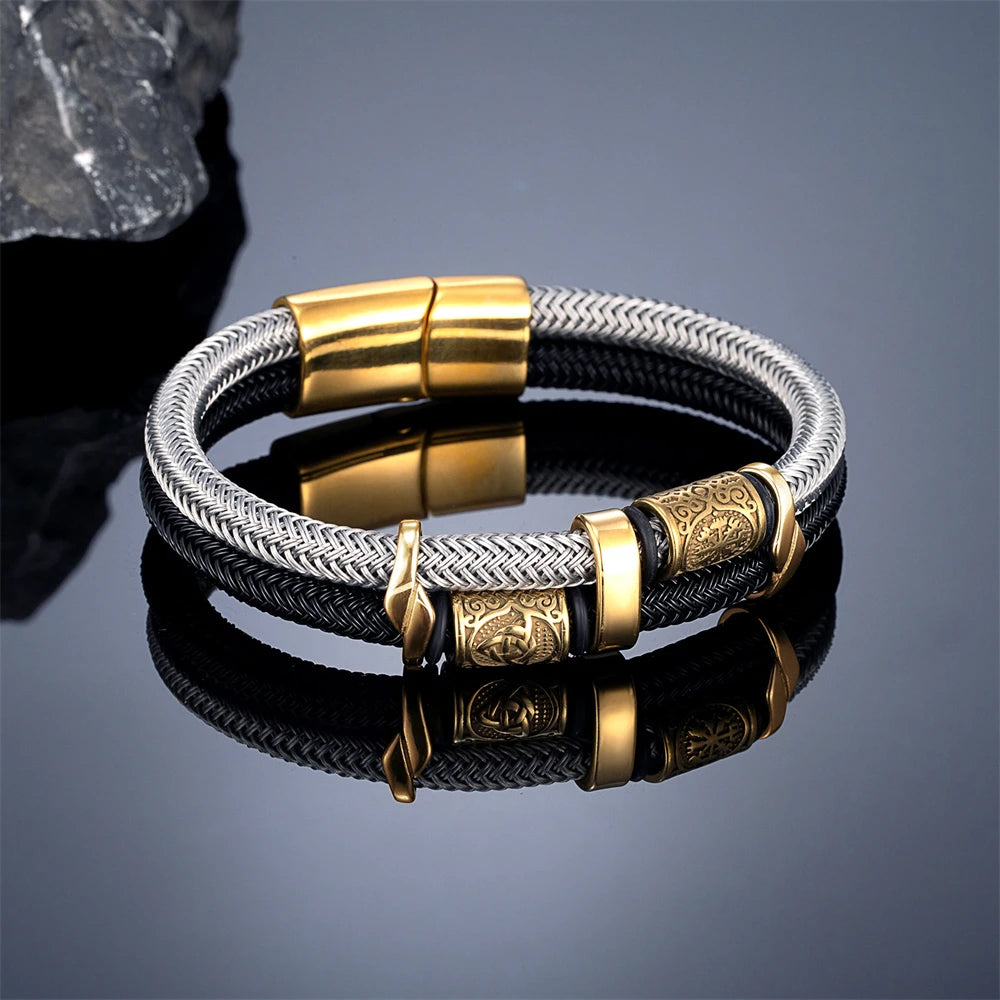 Vikings Runes Double-Layer Unfading Steel Wire Rope Bracelets Men Norse Gold Color Stainless Steel Wristband Luxury Male Jewelry