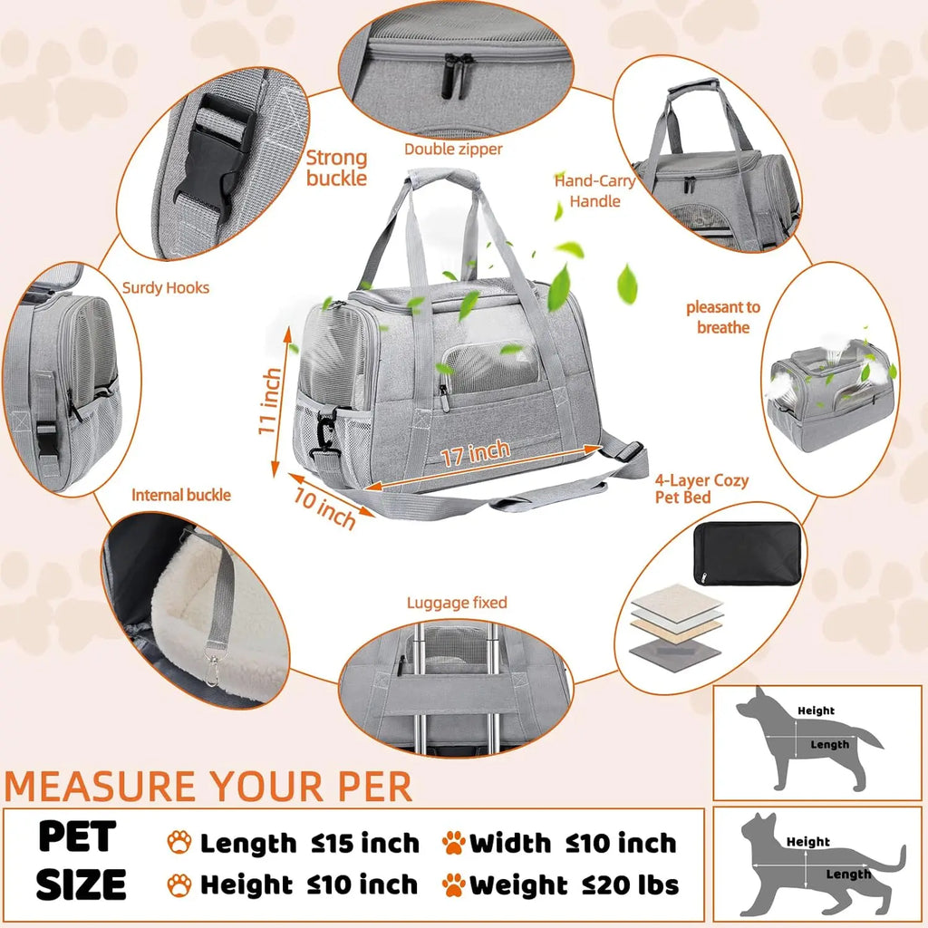 Airline Approved Pet Carrier Bag Soft Cat & Dog Travel Carrier with Mat Portable Pet Travel Bag for Pets up to 20LBS