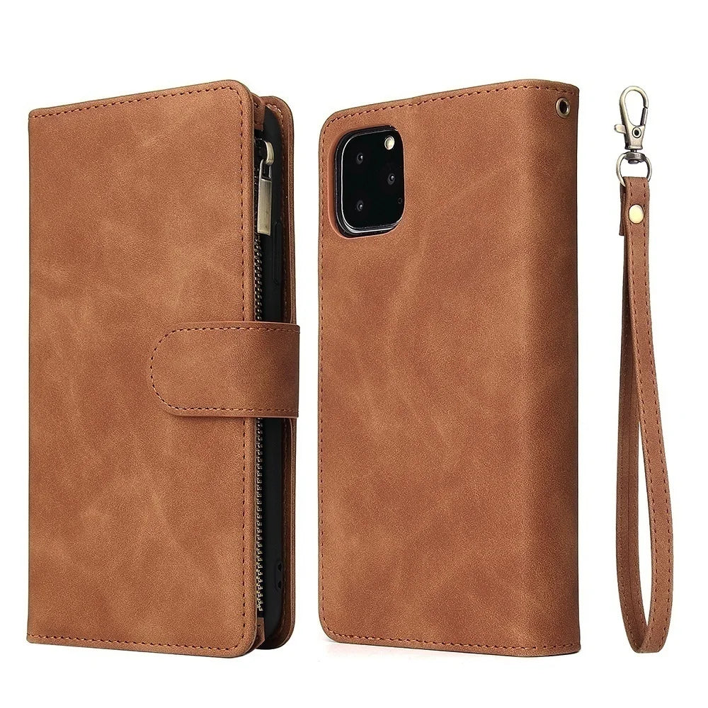 iPhone Leather Wallet Case – Magnetic Flip with Card Slots & Zipper