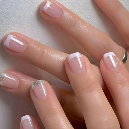 French Tip Press On Nails Set – Natural Nude Glossy Short False Nails for Easy Manicure (24 Pieces)