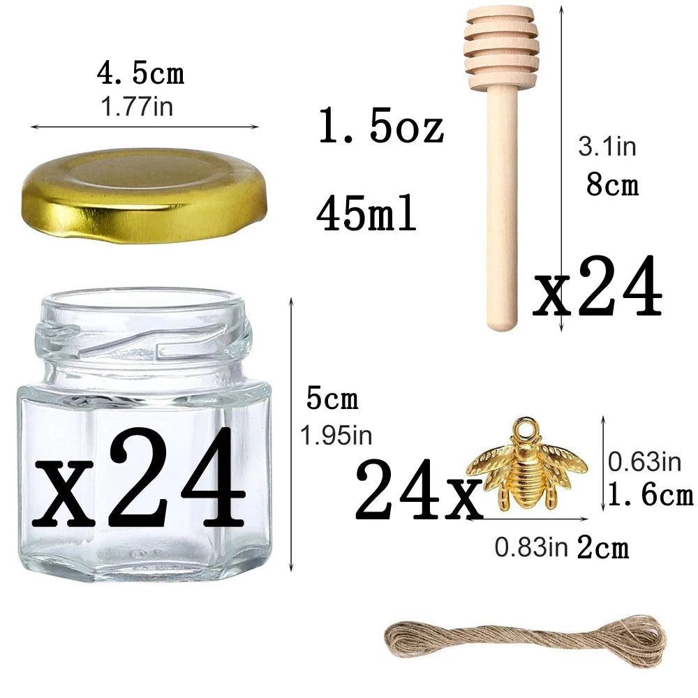 Hexagon Mini Honey Jars – Glass Jars with Dipper & Gold Lid