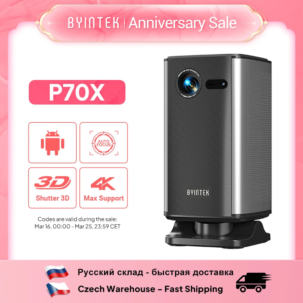 BYINTEK P70X Mini Projector – 4K WiFi Portable Home Theater