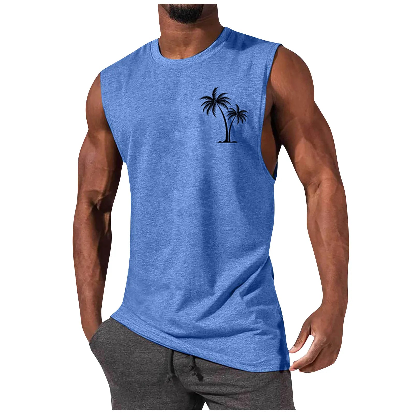 2025 Men'S Muscle Fitness Shirt Sports T-Shirt Gym Training Shirt Summer Casual Vest Tree Print Sleeveless Round Neck