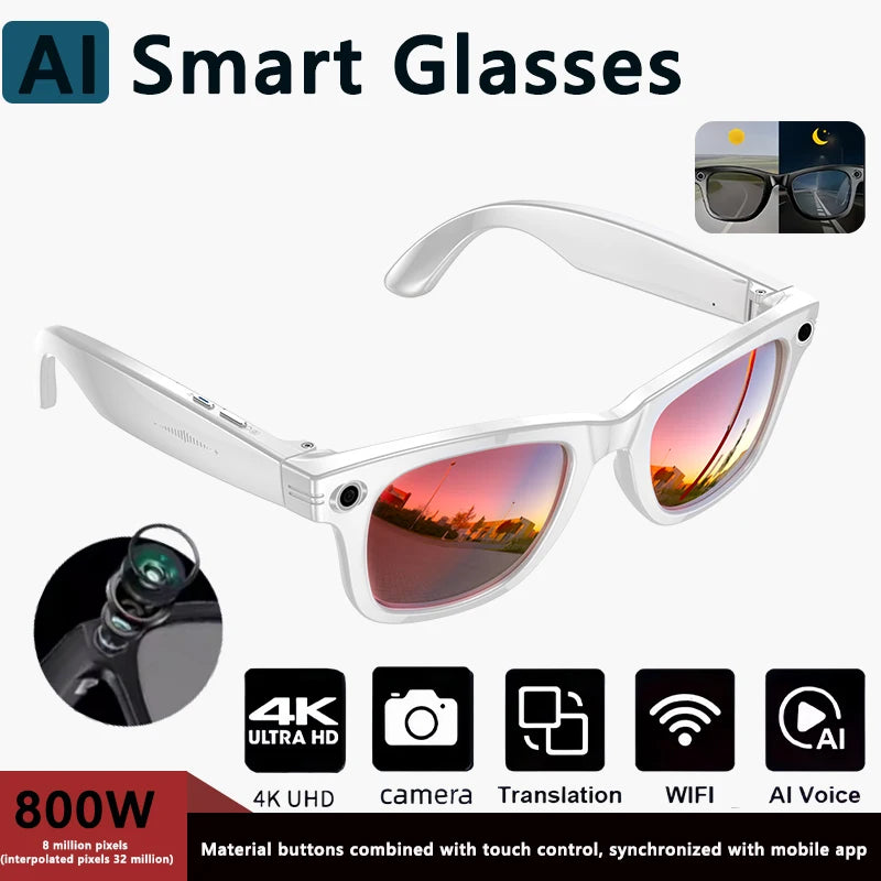 AI Smart Glasses with 8MP Camera Video Recording 100+ Languages Translation Blue LightSunglasses Bluetooth Call WIFI Men Women