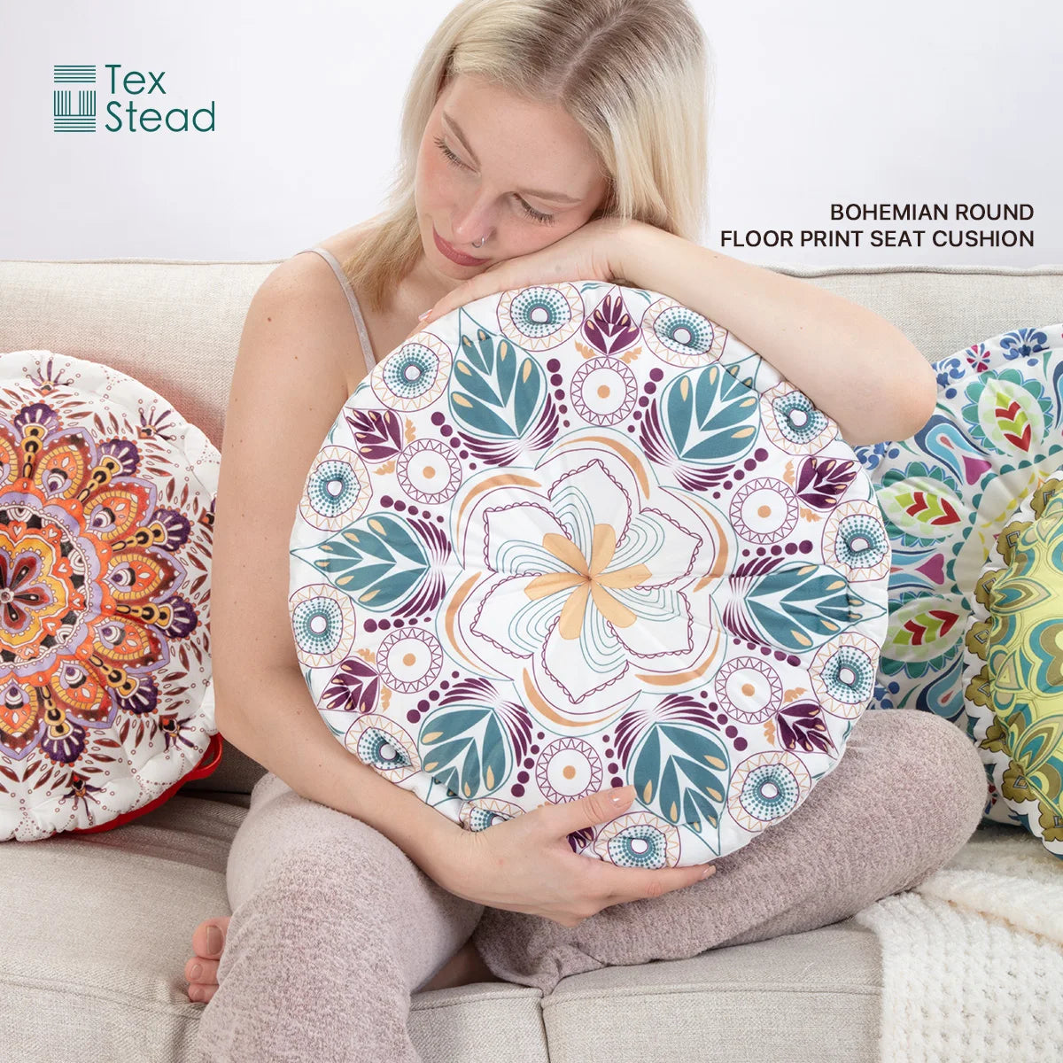 Bohemian Round Floor Cushion, Mandala Print Thickened Seat Pillow with Handle, Short Plush Soft Meditation Cushion for Yoga Livi