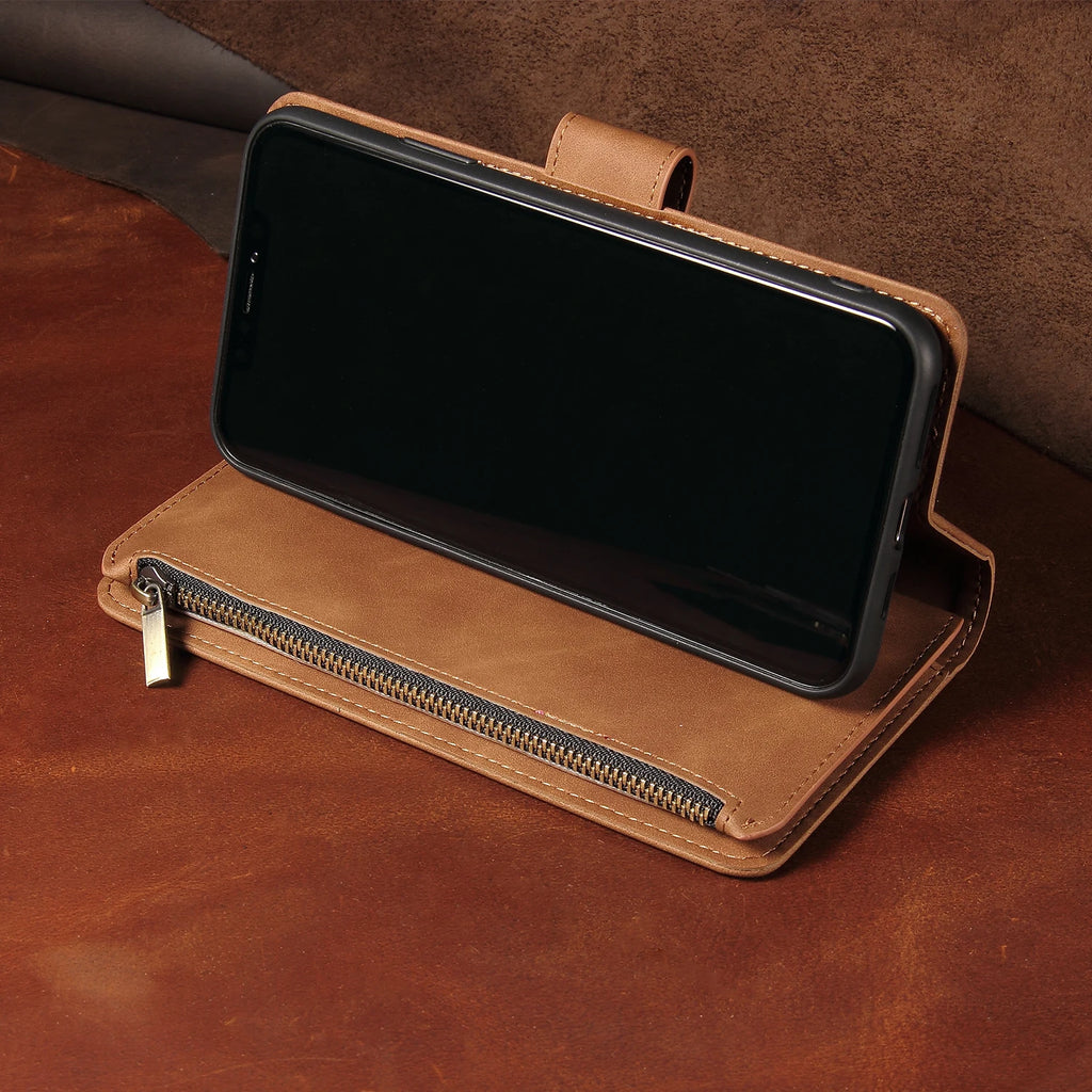 iPhone Leather Wallet Case – Magnetic Flip with Card Slots & Zipper