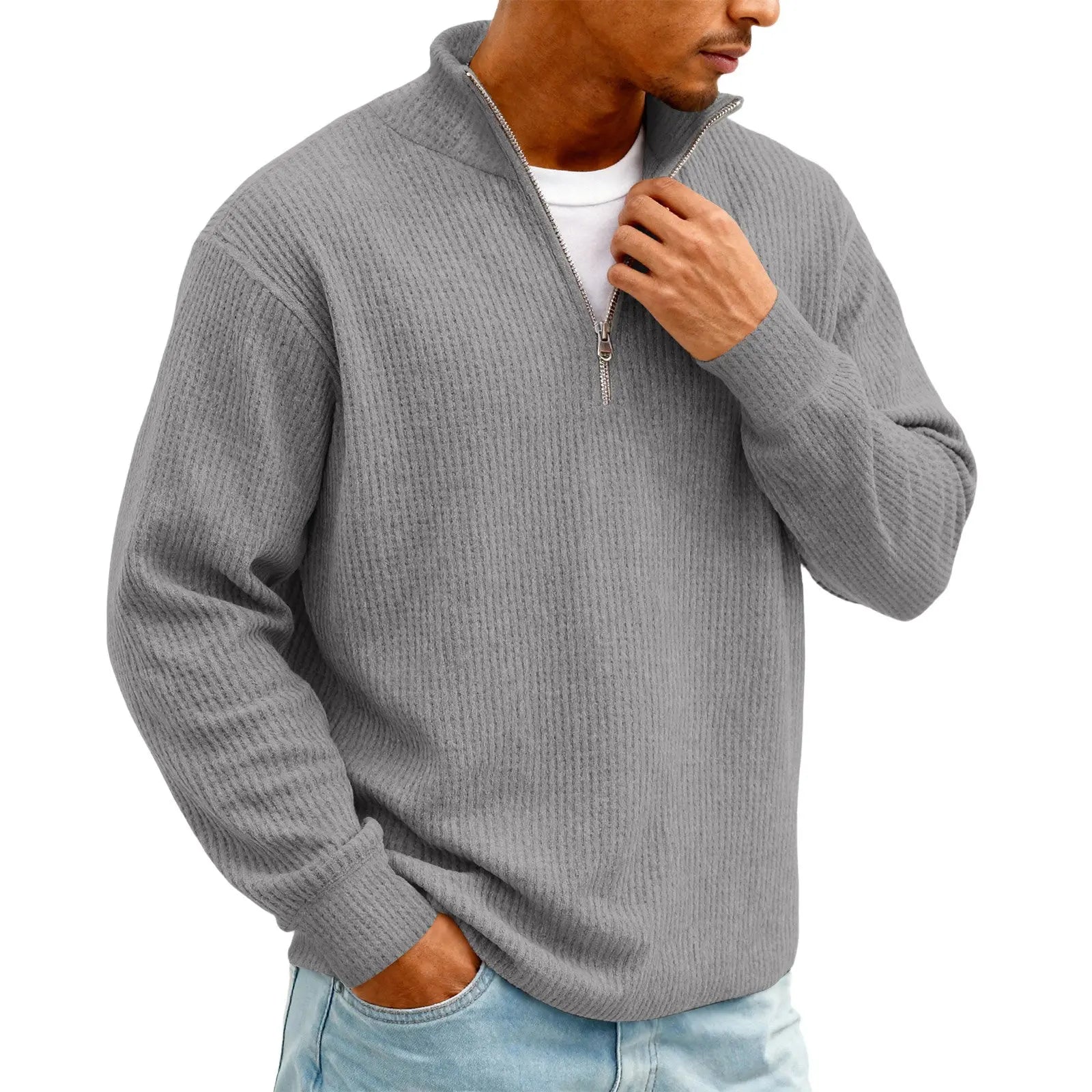 New Sweatshirts For Men Spring Waffle Long-sleeved T-shirt Men's Casual Loose Zipper Polo Collar Tees Tops Man Outwear