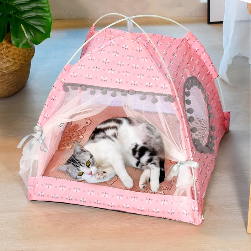 Semi Enclosed Cat Tent Bed Floral Pet Nest for Cats & Small Dogs Cozy All Season Pet House Breathable Summer Cat Bed