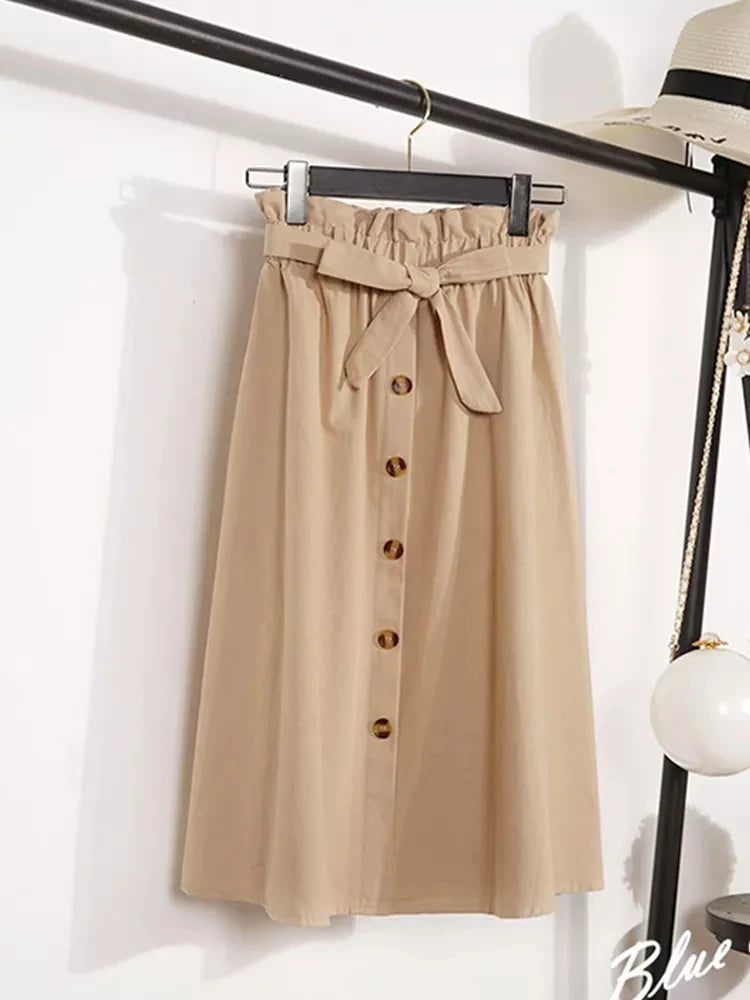 Elegant Women's Midi Skirt – High Waist Knee-Length Pleated Summer & Autumn Skirt