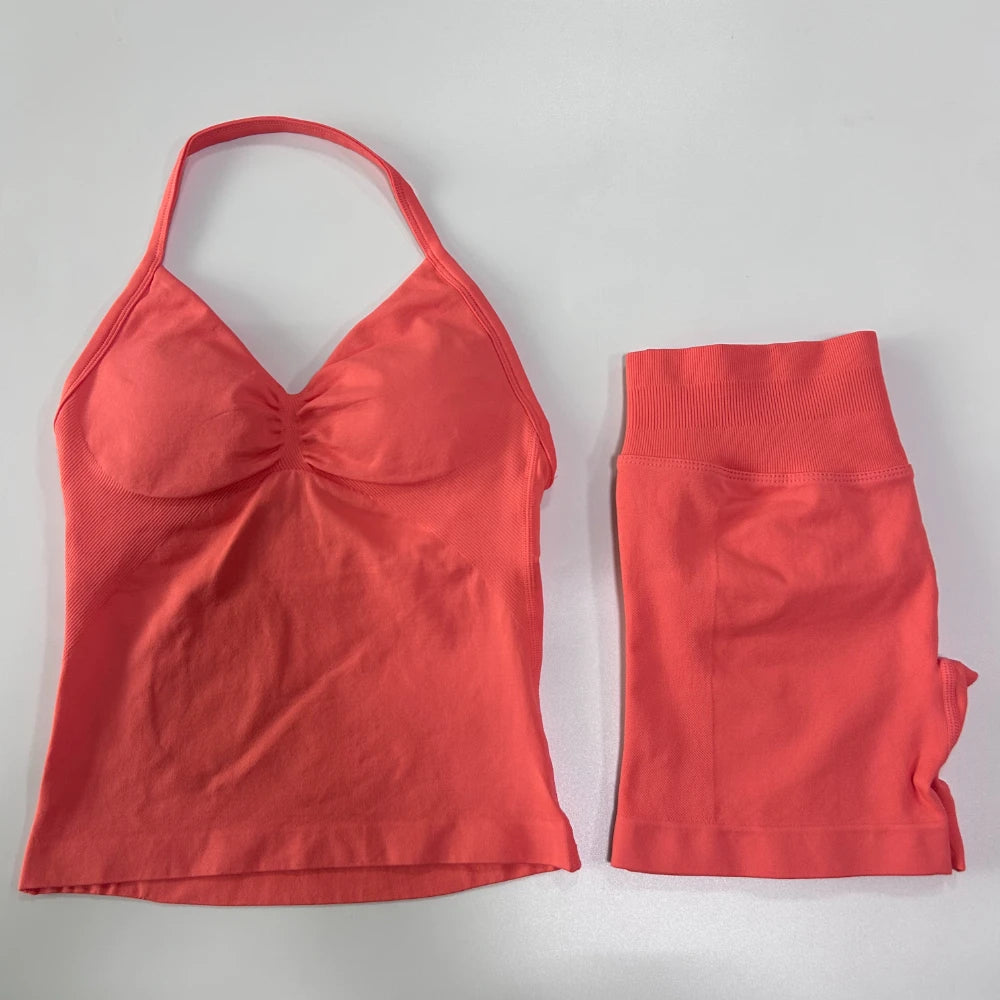 No Logo 2Pcs Gym Set Women Backless Tank Tops High Waist Scrunch Seamless Shorts Gym Suit Fitness Clothes Activewear Workout Set