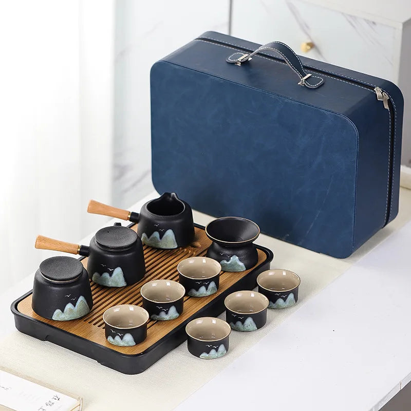 11PCS Japanese Travel Tea Set – Ceramic Teapot Cups with Bamboo Tray