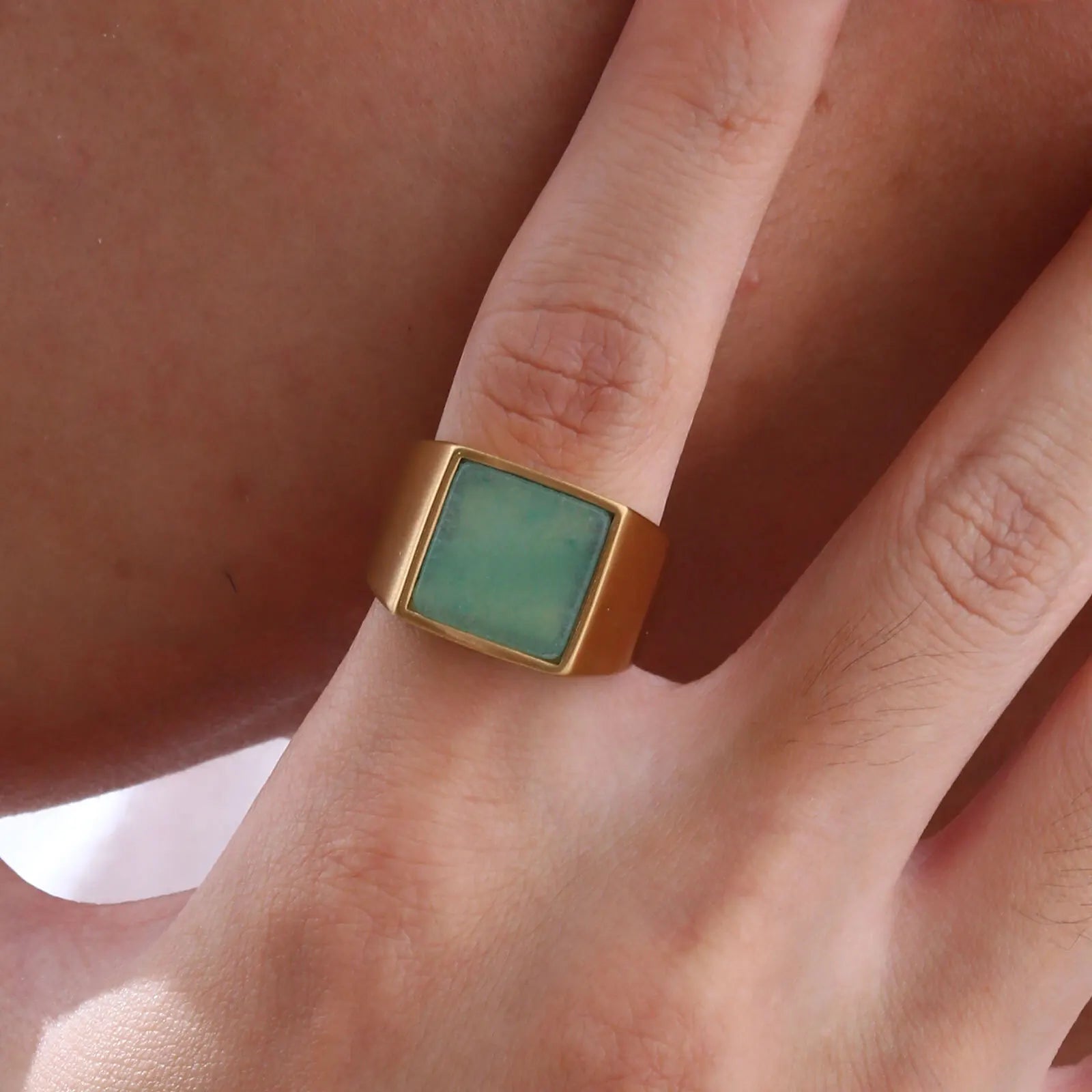 Natural Green Stone Square Ring for Men – Gold Colour Stainless Steel Punk Thumb Ring