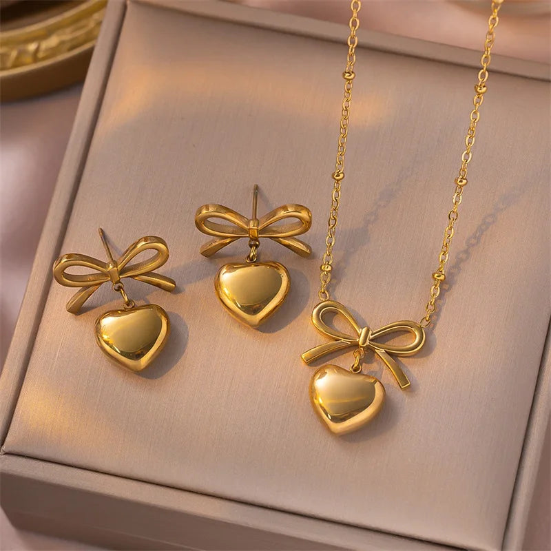 Gold Heart, Star & Flower Necklace and Earrings Set for Women – Waterproof Jewellery