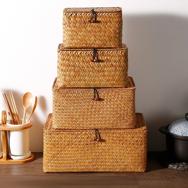 Handmade Seagrass Storage Box with Lid – Woven Basket Organizer