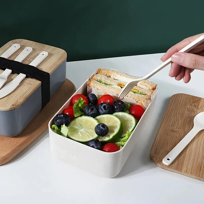 Bamboo Lid Lunch Box And A Set Of Knives, Forks And Spoons Sealed Lunch Box Salad Suitable For Work,School,Camping