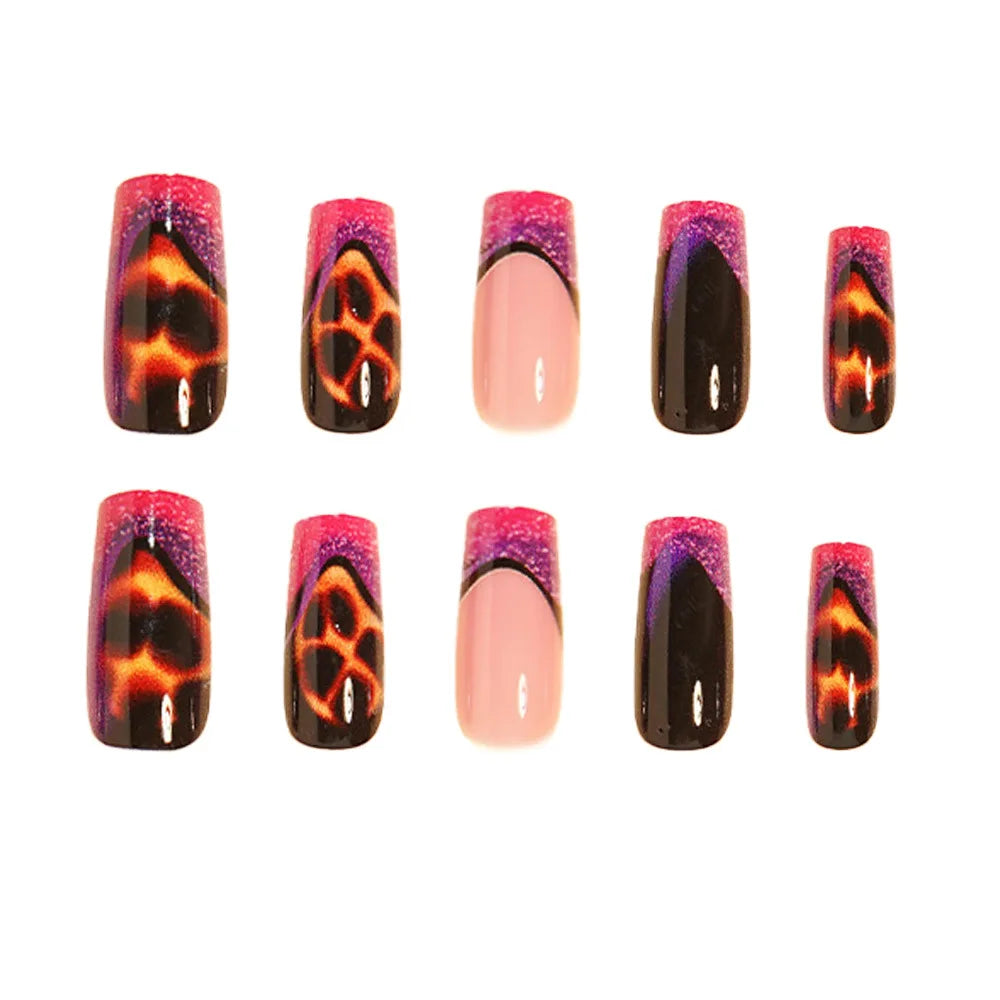 24pcs Medium Long Press-On Nails – Y2K Leopard Gradient Square Ballet Tips