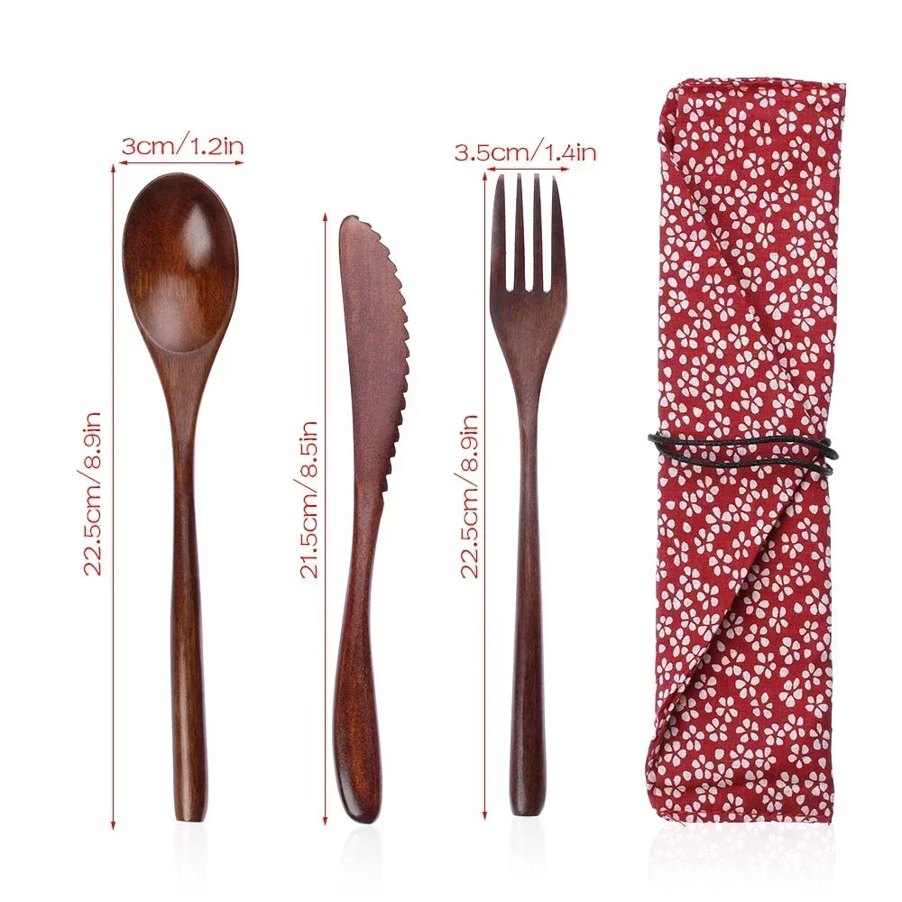 Portable Wooden Cutlery Set – Reusable Bamboo Spoon Fork Knife with Bag