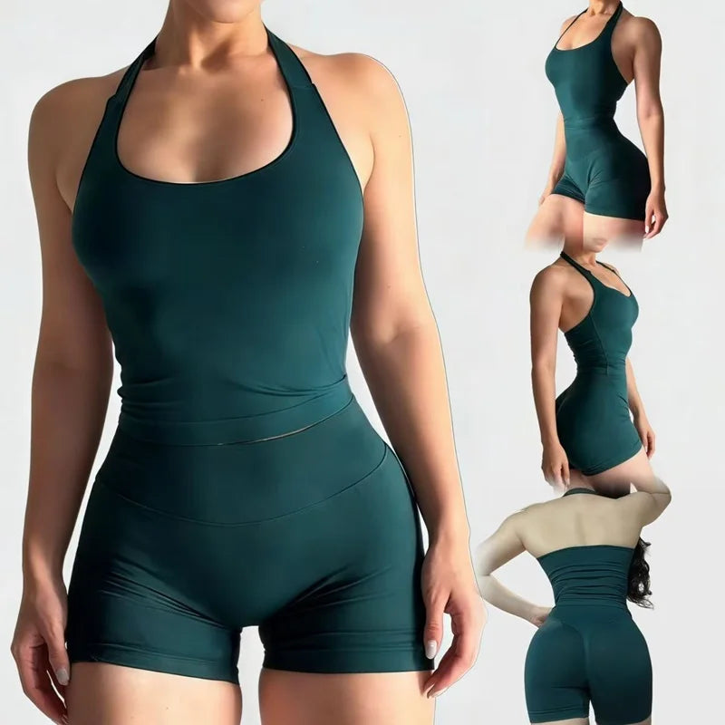 2 Pieces Impact Halter Top Strappy Bra Shorts Set Women Seamless Yoga Gym Leggings Set Running Fitness Sports Shorts Suit