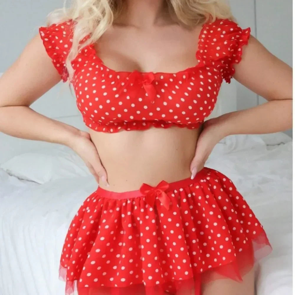 Women's Erotic  Short Skirt with Garter Straps Sexy Lingerie Women Sexy Polka Dot Off Shoulder Puffy Skirt Polka  Exotic Set