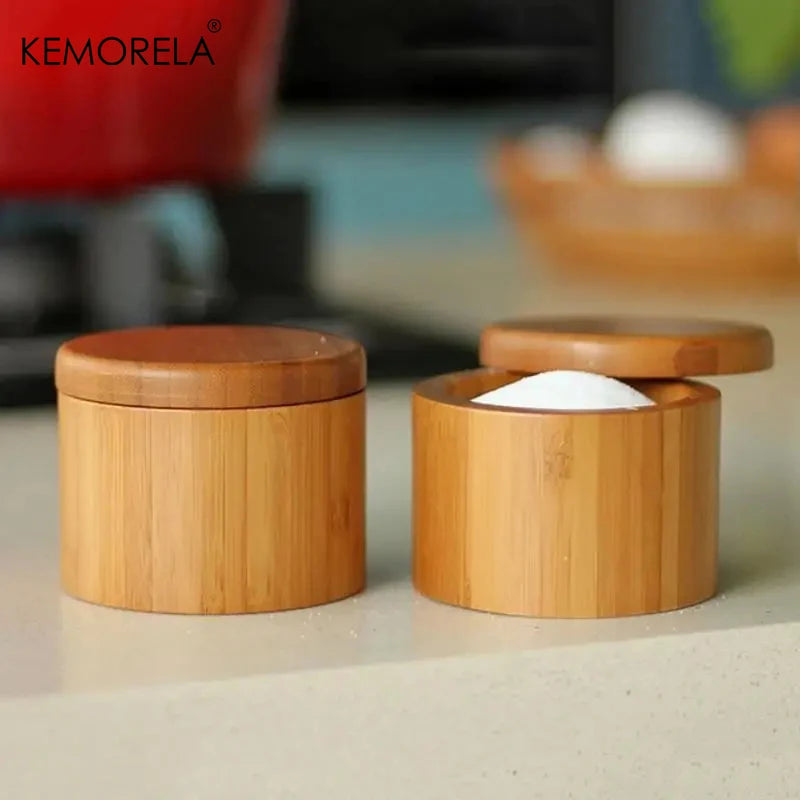 Bamboo Wooden Salt Box with Magnetic Lid – Kitchen Spice Storage Container