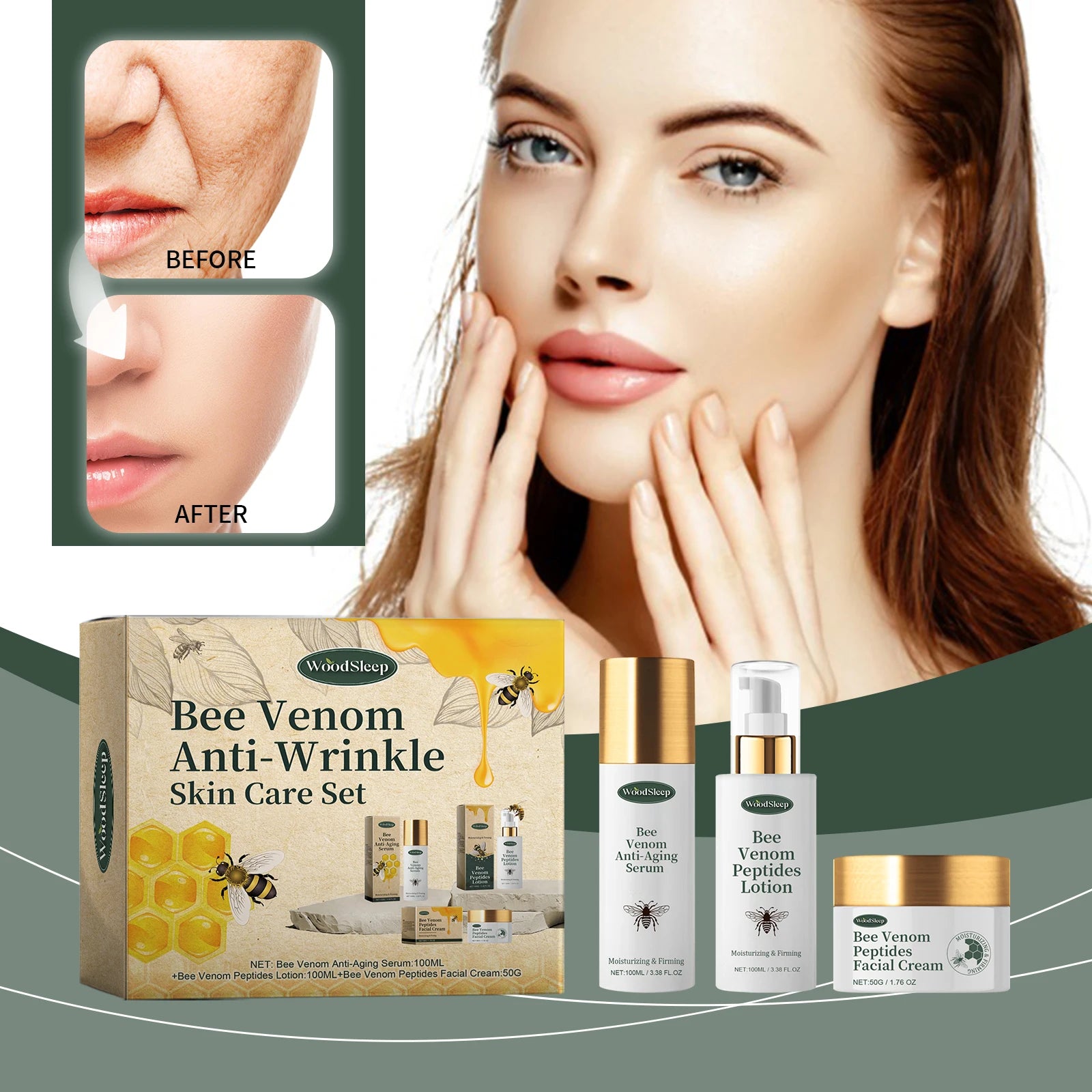 Bee Venom Anti-Wrinkle Skin Care Set Anti-Aging Serum Firming Lifting Peptides Lotion Deep Moisturizing Nourishing Facial Cream