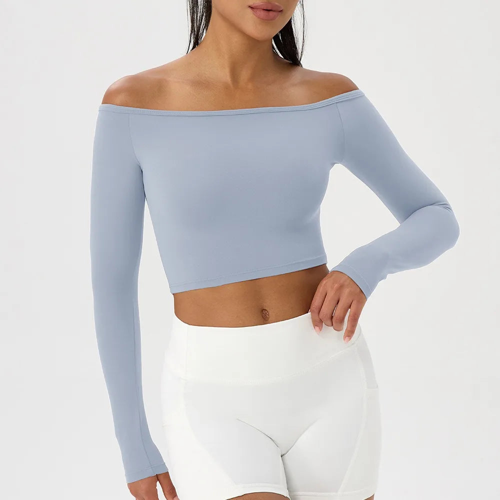 Women Sexy Off Shoulder Yoga Top Long Sleeve Gym Running Top Solid Quick-Dry Sport Workout Shirt