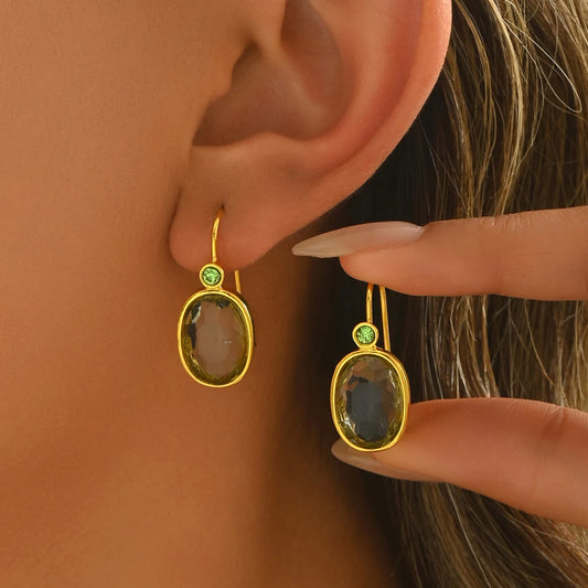 Gold Oval Green Stone Drop Earrings for Women – Stylish Gift & Custom Jewellery