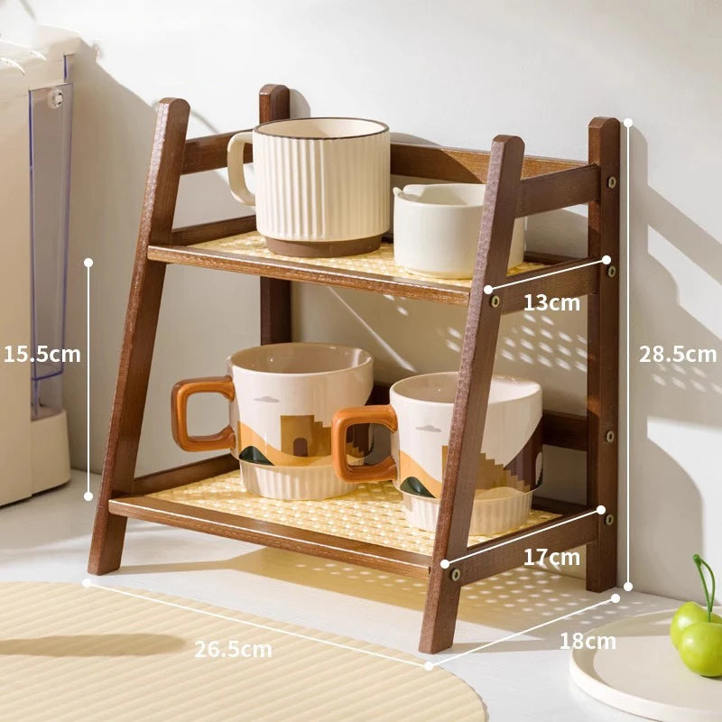 2 Tier Bamboo Countertop Organizer Multipurpose Coffee Cup Holder Storage Shelf for Kitchen Bathroom Vanity Home