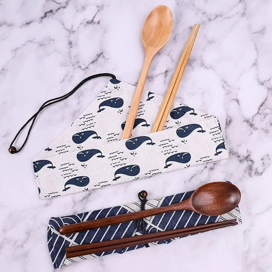 Portable Wooden Cutlery Set – Reusable Bamboo Spoon Fork Knife with Bag