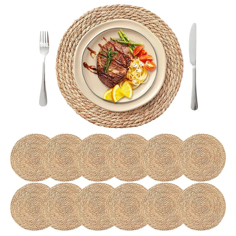 Boho Woven Rattan Placemats Set – Natural Round Farmhouse Table Mats