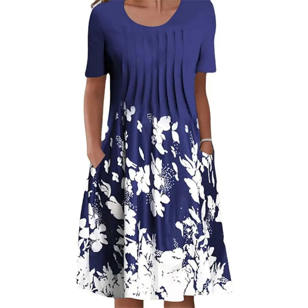 Summer Women’s Floral O-Neck Dress – Casual Knee-Length Short Sleeve A-Line Dress