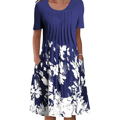 Summer Women’s Floral O-Neck Dress – Casual Knee-Length Short Sleeve A-Line Dress