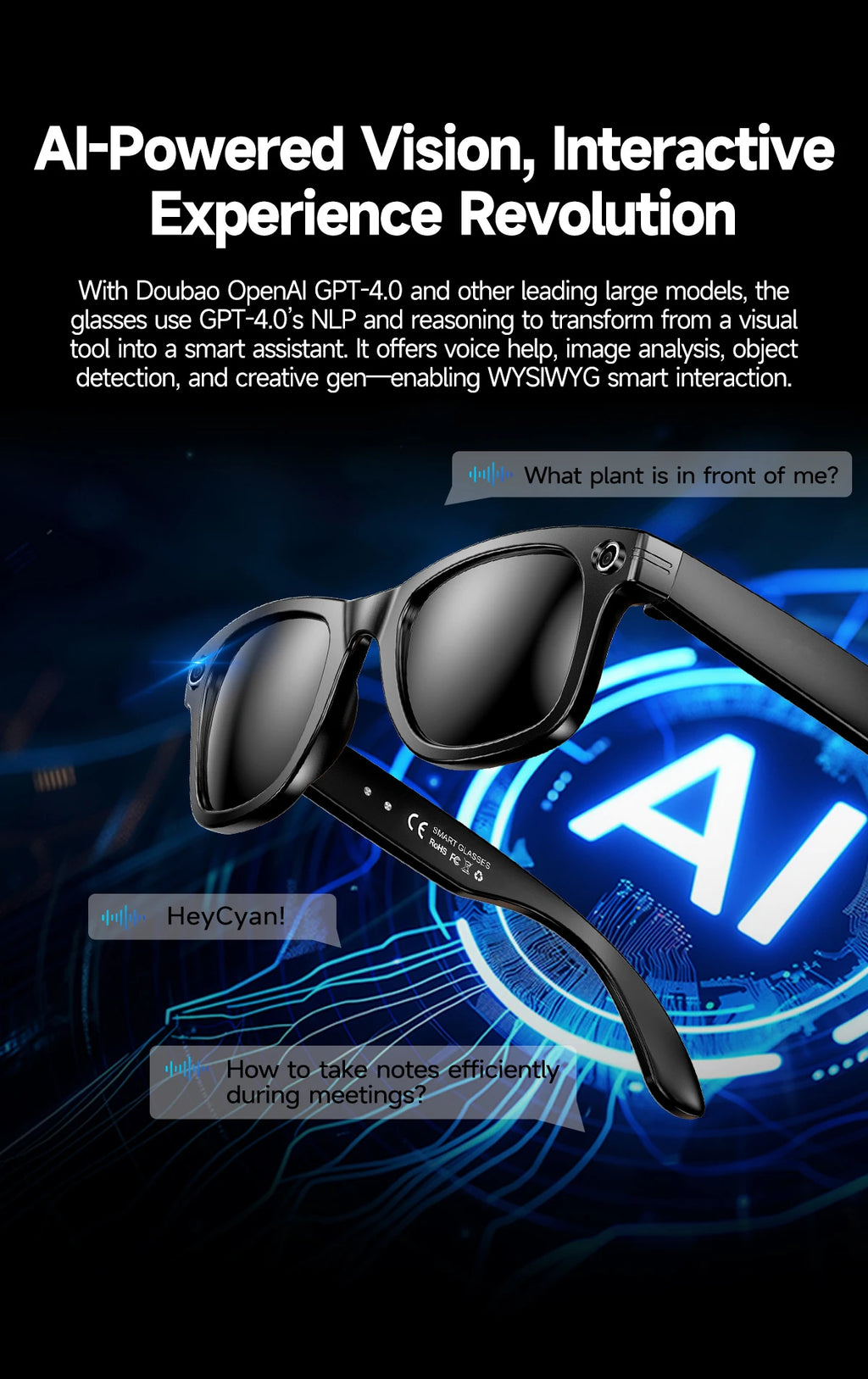 AI Smart Glasses with 8MP Camera Video Recording 100+ Languages Translation Blue LightSunglasses Bluetooth Call WIFI Men Women