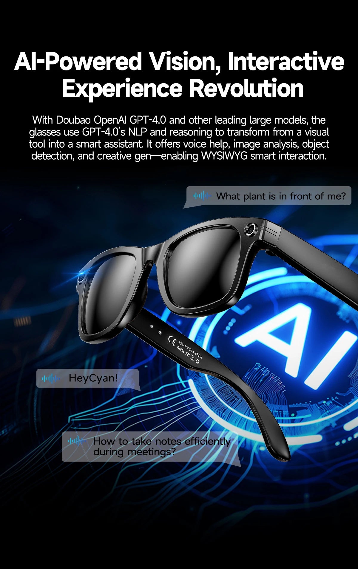 AI Smart Glasses with 8MP Camera Video Recording 100+ Languages Translation Blue LightSunglasses Bluetooth Call WIFI Men Women