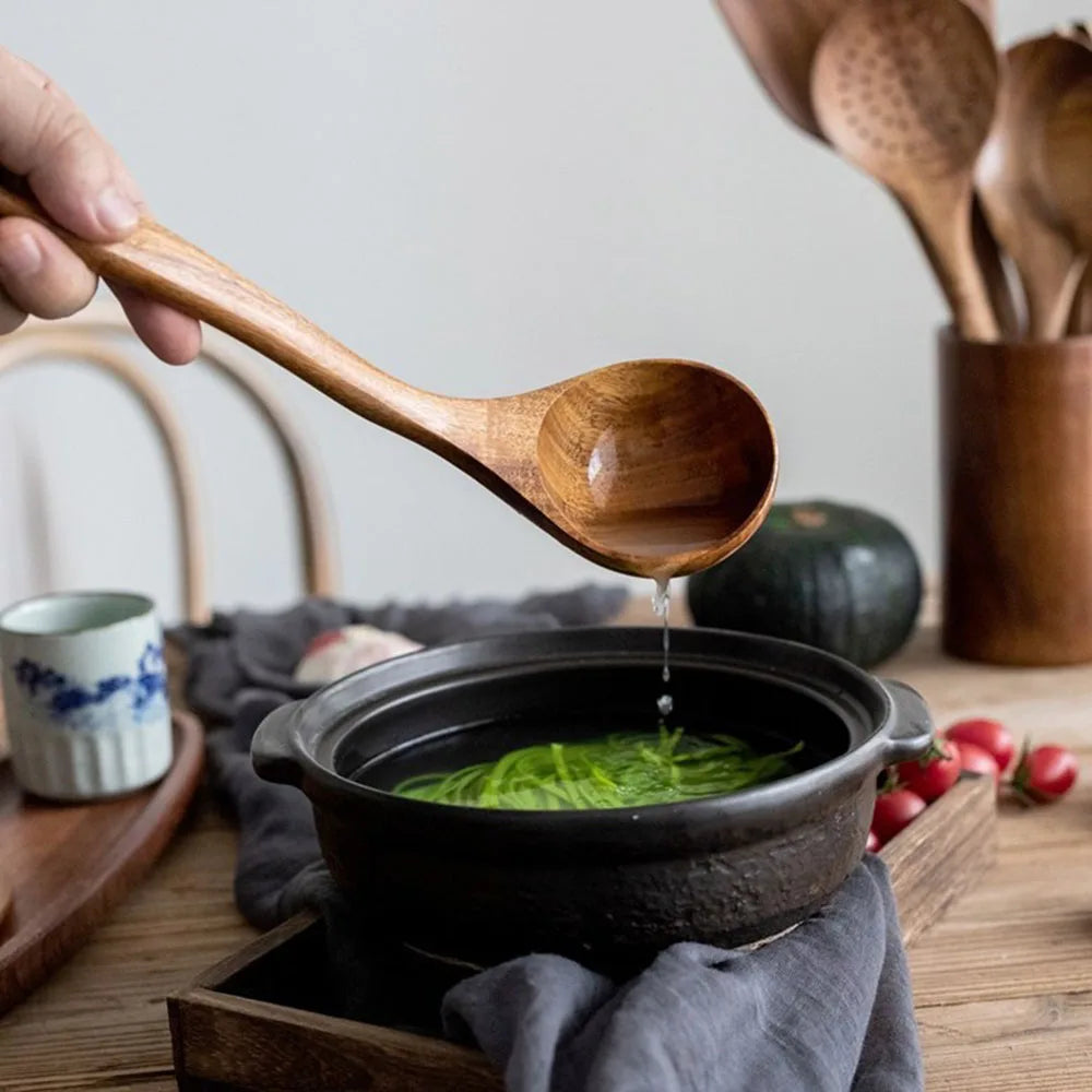Wooden Kitchenware Cooking Shovels Spoon Colander Kitchen Utensils Set Household Cutlery Rack Teak Natural Wood Cookware